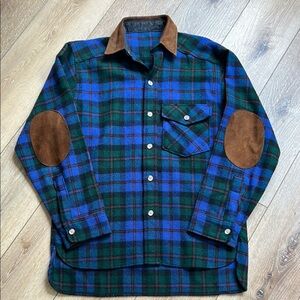 Vintage Woolrich Heavy Wool Plaid Flannel Suede Collar Elbow Patches Size Small